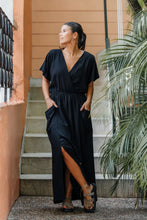 Cargar imagen en el visor de la galería, Vestido Étnica Largo con mangas y aberturas frontales - Negro